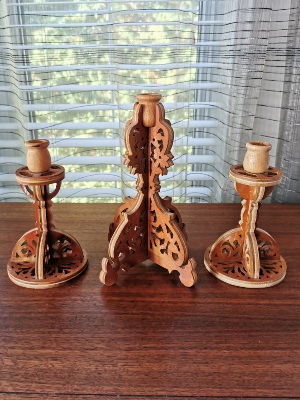VTG Laser Cut Wooden Candlesticks Set of 3, Scrollwork Hand Made Candle Holders